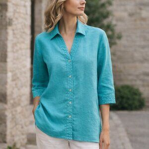 Vintage Richard Malcolm Irish Linen Embroidered Blouse Turquoise Size 8